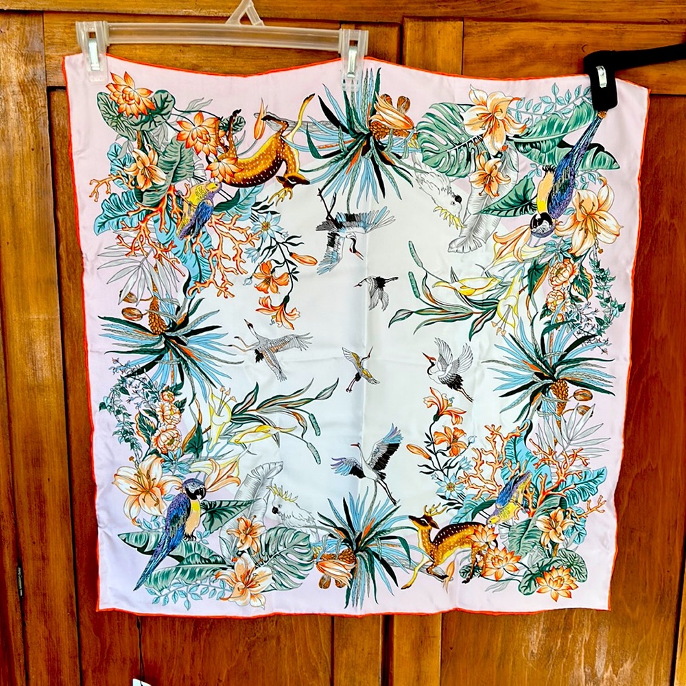 NWT SHANGHAI STORY silk white orange scarf tropical flowers birds in gift box